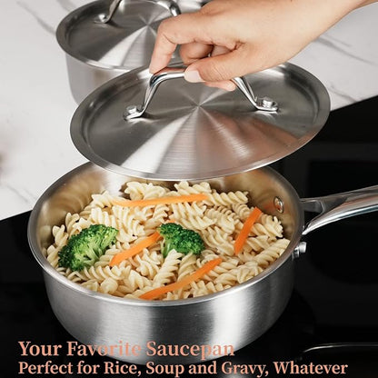 3 QT Saucepan with Lid,3-Ply Stainless Steel Saucepan,Professional Grade Cookware,Induction Compatible