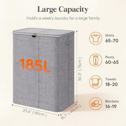 Lifewit 185L 3 Section Laundry Hamper with Lid, Large Laundry Basket with Handles and Removable Bags, Tall Clothes Hamper, Foldable Laundry Sorter for Bedroom Bathroom, Light Gray