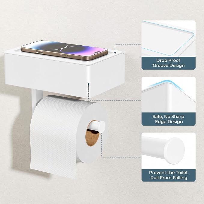 FORIOUS Toilet Paper Holder with Shelf, Sanitary Napkin Receptacle Tampon Holder, Wall Mount Toilet Paper Holder with Storage, Flushable Wipes Dispenser Fits for Bathroom Commercial(1, White)