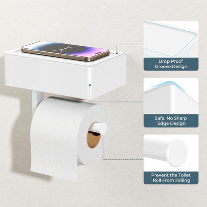 FORIOUS Toilet Paper Holder with Shelf, Sanitary Napkin Receptacle Tampon Holder, Wall Mount Toilet Paper Holder with Storage, Flushable Wipes Dispenser Fits for Bathroom Commercial(1, White)