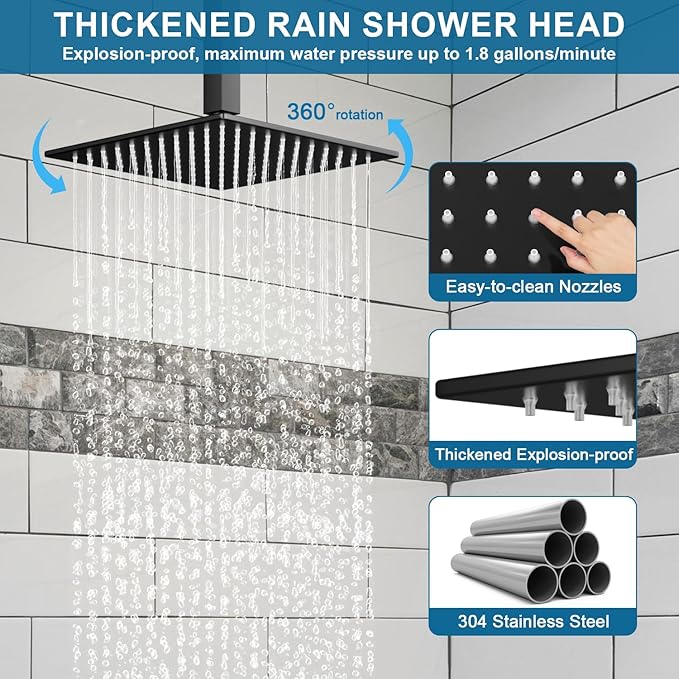 Shower Faucet Set Black Shower System, Ceiling Mount 10 Inch Shower Head With Wall Mount 6 Inch Shower Head and 2 in 1 Handheld Spray, Push Button Diverter Shower Valve Trim Kit Complete