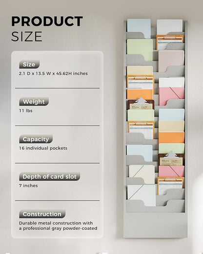 OSKIE Wall-Mount File Organizer, 16 Pockets Document Holder, Metal Construction, Gray White Powder-Coated, 14x3x46H inches
