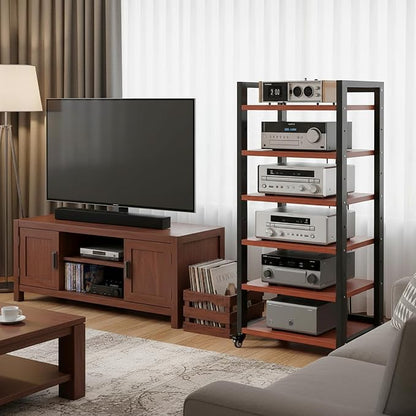 6 Tier AV Media Stand, 47in Audio Rack Tower Stereo Components Cabinet, Home Theatre CD Record Player Stereo Receiver Equipment Rack with Adjustable Wood Shelves, Load 400lbs (Teak Brown)