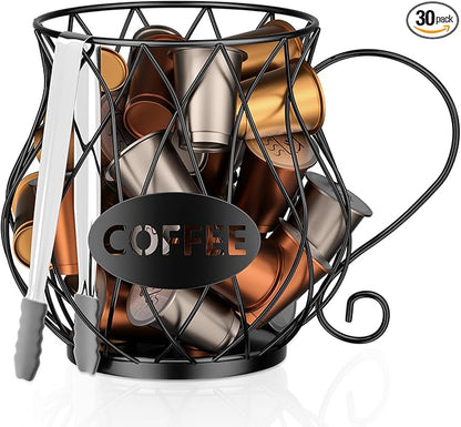 Uniclife K Cup Holder with Ice Tongs, Large Capacity Coffee Pod Holder for 10-30 Capsules, Metal Wire K Cup Organizer Coffee Pod Organizer, Storage Basket for Kitchen Office Accessories