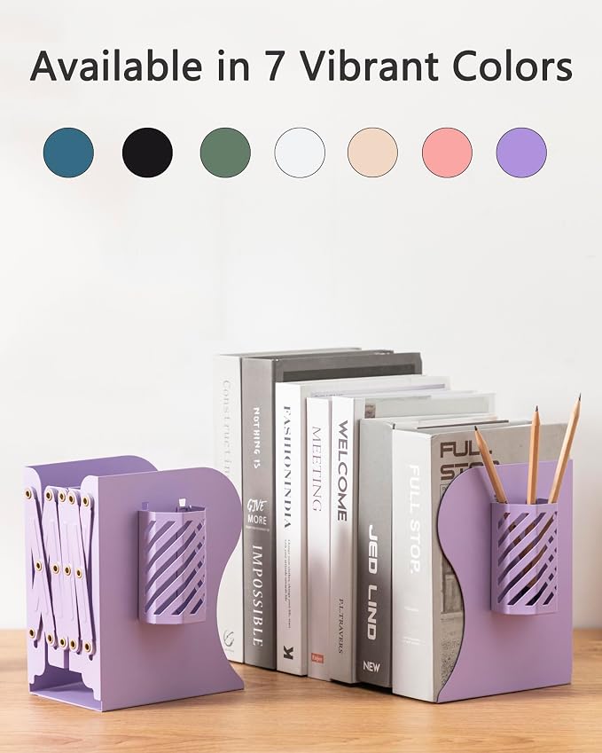 Kingsmile Book Ends, Adjustable Heavy Duty Metal Book Stoppers with Pen Holder for Desk Office Library Kids Room(Purple)