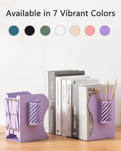 Kingsmile Book Ends, Adjustable Heavy Duty Metal Book Stoppers with Pen Holder for Desk Office Library Kids Room(Purple)
