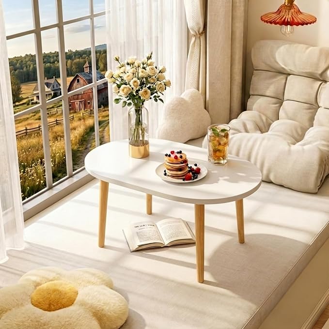 Oval Coffee Table Low Table with 4 Solid Wood Sturdy Legs,Floor Table Desk for Sitting on The Floor,19.7"D x 31.5"W x 16"H Inches,Living Room/Toy room Furniture,Rental house Furniture(White-Oval)