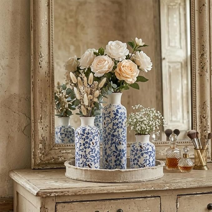 Chinoiserie Decor Ceramic Vases Set - 3 Blue and White Vase, Chinoiserie Vase Farmhouse Country, Flower Vases Home Decor, Living Room Decoration, Entrance, Fireplace, Table Decoration, Centerpieces