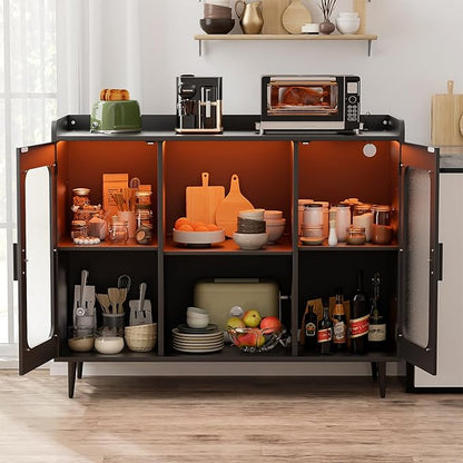 Liquor Cabinet Bar with Power Outlet and LED Light, Wine Bar Cabinet with Wine and Glasses Rack, Home Coffee Bar Cabinet, Buffet Sideboard with Storage Shelf for Kitchen, Dining Room, Black