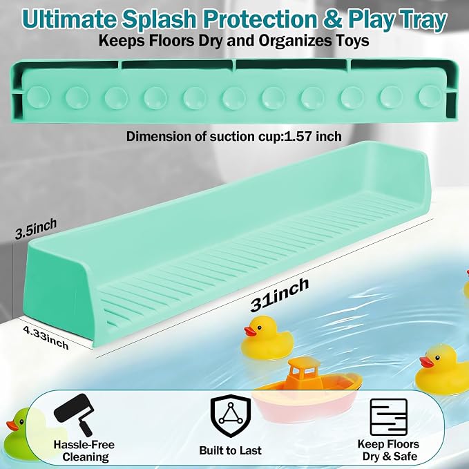 Bathtub Splash Guard for Tub Kids- 31" Extra Long Silicone Bath Play Shelf, Toy Tray & Caddy Holder, Prevent Water Spills & Messy Floors, Tub Edge Guard for Bathroom- Light Green