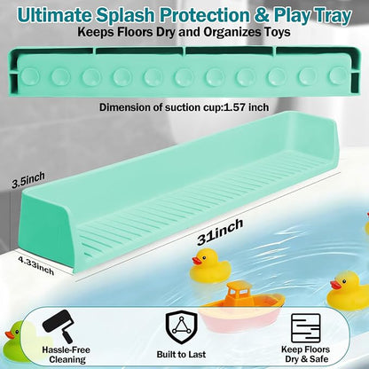 Bathtub Splash Guard for Tub Kids- 31" Extra Long Silicone Bath Play Shelf, Toy Tray & Caddy Holder, Prevent Water Spills & Messy Floors, Tub Edge Guard for Bathroom- Light Green