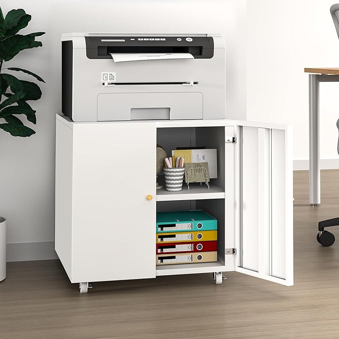 TEEALUBAN Printer Stand with Storage Cabinet with Wheels,3D Heavy Duty Metal Large Printer Table with Adjustable Shelf for Home Office, Mobile Printer Cart,White,23.62" H