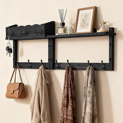 28" Coat Rack Wall Mount with Shelf, Entryway Key Holder Wall Mount Wood Wall Coat Hooks with 7 Hooks 3 Key Hanger, Wall Mounted Coat Rack Mail Holder for Living Room, Bedroom