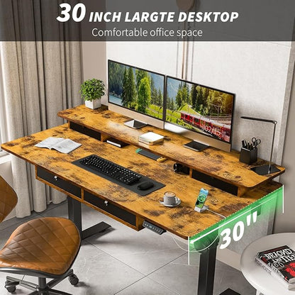 Kingant 63 x 30 Inch Electric Standing Desk with 4 Drawers, Adjustable Height Computer Desk for Home Office, Large Workstation Sit Stand Up Desk with Built-in USB A/C Charging Ports, Rustic Brown