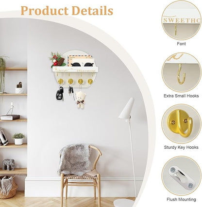 Key Holder for Wall, Key and Mail Holder Organizer - Key Holder Wall Mount with Bouquet Shelf and Key Hooks, Round Wooden Rustic Key Rack for Entryway and Home Decor (White)