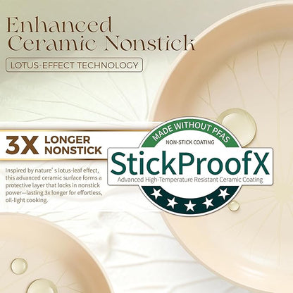 PRICUSIS Nonstick Ceramic Frying Pan with Lid, 8/10 Inch Skillet with Stay Cool Handle, Fully Coated, 100% Dishwasher Safe, Oven Safe, PTFE PFAS & PFOA Free (10 Inch, Coconut White