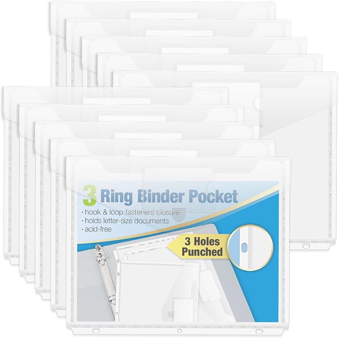 Forvencer Binder Pocket, 10 Pack Super Heavyweight Plastic Folders with Tight Closure, Folders with Pockets Side Loading, Binder Organizer, Binder Dividers with Pockets, Letter Size, Clear