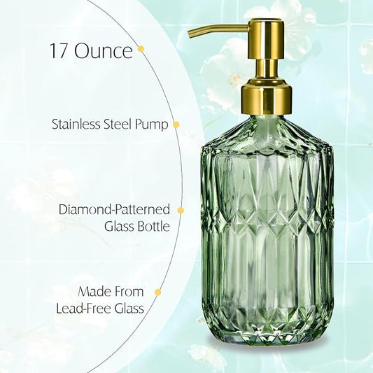 COHOSEGE 17 Oz Green Glass Kitchen Soap Dispenser for Dish Soap, 2 Pack Bathroom Soap Dispenser Set with Gold Rust Proof Pump for Lotion, Hand soap or Body Wash