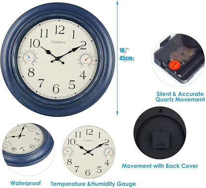 18 Inch Large Outdoor Wall Clock with Thermometer & Hygrometer – Vintage Farmhouse Weather Station for Patio, Pool, Garden – Waterproof Rust-Proof Blue Clock