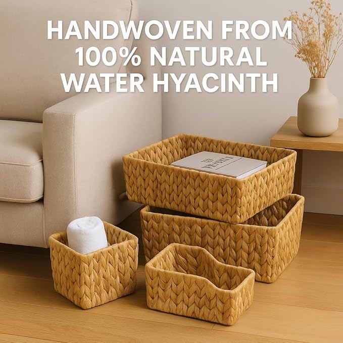 Natural Water Hyacinth Storage Baskets, 3-Piece Handwoven Nesting Organizer Set, Decorative Woven Containers for Bathroom, Kitchen, Living Room (Set 3 Rectangular Baskets – No Lids)