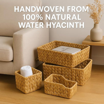 Natural Water Hyacinth Storage Baskets, 3-Piece Handwoven Nesting Organizer Set, Decorative Woven Containers for Bathroom, Kitchen, Living Room (Set 3 Rectangular Baskets – No Lids)