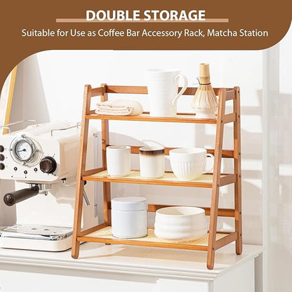 Yalikop 3 Tier Matcha Station Shelf Bamboo Coffee Mug Stand Countertop Storage Rack,Three Layer Rattan Office Cup, Kitchen, Tea, Plant, Bar Accessories Condiment Display(Brown)