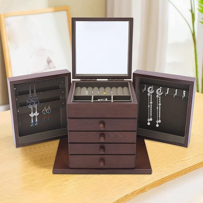 Wooden Jewelry Box for Women, 5-Layer Wooden Jewelry Organizer Boxes with 4 Drawers, Vintage Solild Wood Storage CaseJewelries, Watches, Necklace, Ring (Dark Brown)