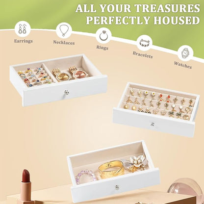Jewelry Box Organizer, Rustic Wooden Jewelry Boxes for Women Girls, Large Storage Earring Holder Organizer Display for Earrings Necklaces Rings Bracelets (White)