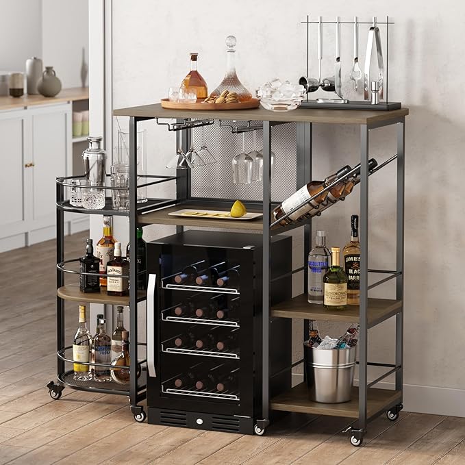 Bar Cart, Home Bar Service Cart with Wine Rack and Glass Holder, Kitchen Cart with Rolling Wheels, Metal Bar Rack with 7 Tiers Storage for Home, Kitchen, Living Room, Dining Room (Brown)