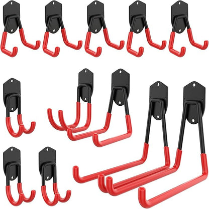 WALMANN 12 PCS Garage Storage System Hooks, Wall Mount Heavy Duty Rubber Coated Utility Hooks for Garden Tools, Ladders, Cords, Folding Chairs, Weed Eaters, Shovels and Rakes