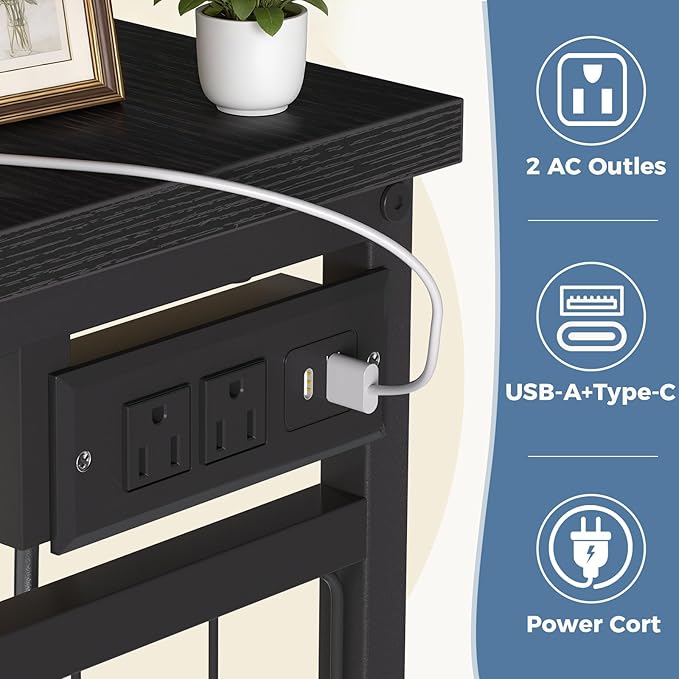 OLIXIS 6 Storage for Bedroom with Hanging Rack with LED Lights & Charging Station, Fabric Chest of Storage with Rack, Wooden Top, for Home Living Room Entryway Black
