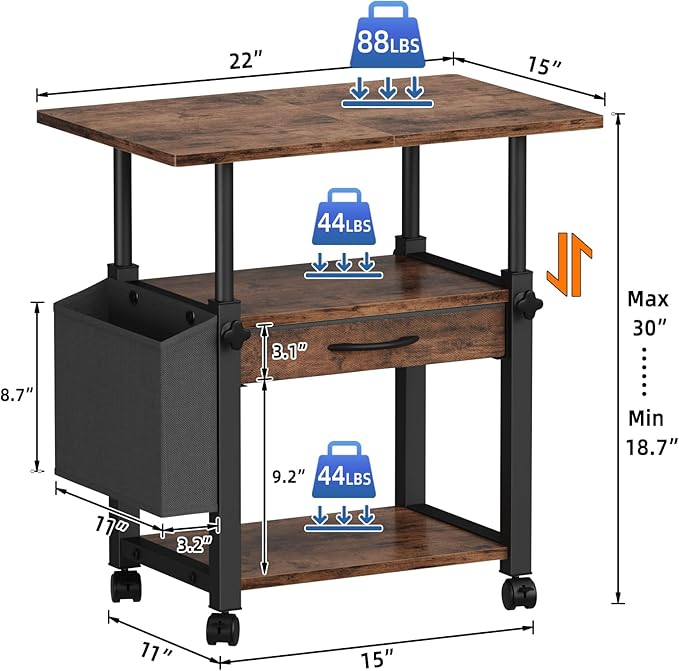 YAOHUOO 22"x15" Large Printer Stand with Drawer, 3-Tier Rolling Table Cart | Storage Drawer and Side Bag,Height Adjustable Cart,Fit printer/fax/3d/scanner,4 lock wheels or feet,Home Office,Rustic Brown