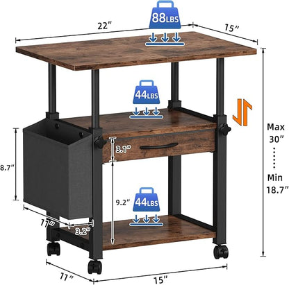 YAOHUOO 22"x15" Large Printer Stand with Drawer, 3-Tier Rolling Table Cart | Storage Drawer and Side Bag,Height Adjustable Cart,Fit printer/fax/3d/scanner,4 lock wheels or feet,Home Office,Rustic Brown