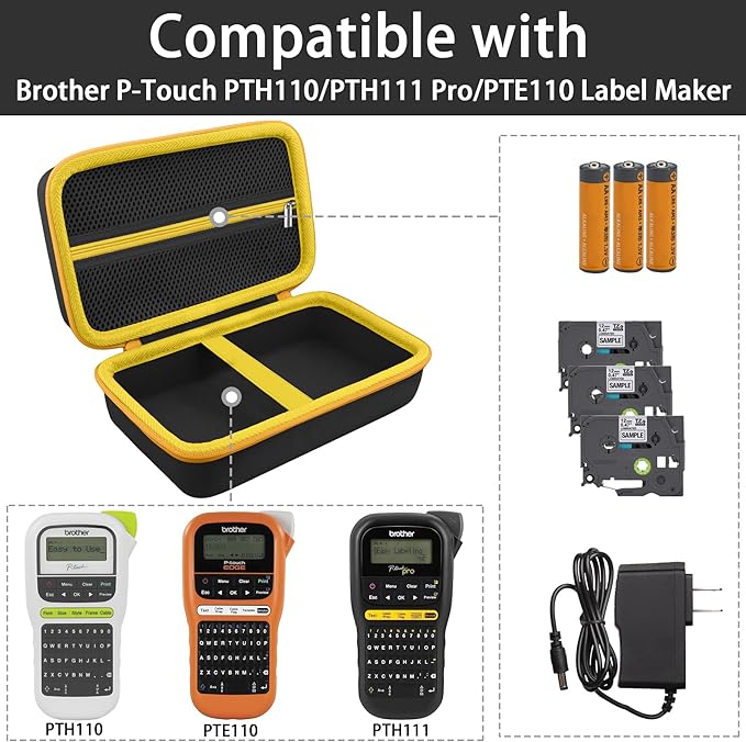 Label Printer Case Compatible with Brother P-Touch PTH110BP/PTH110/PTH111 Pro Label Maker(Black Case,Yellow Zipper)