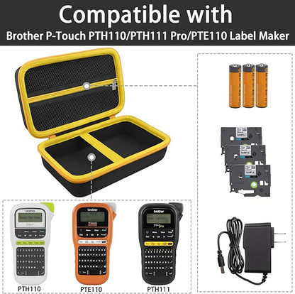 Label Printer Case Compatible with Brother P-Touch PTH110BP/PTH110/PTH111 Pro Label Maker(Black Case,Yellow Zipper)