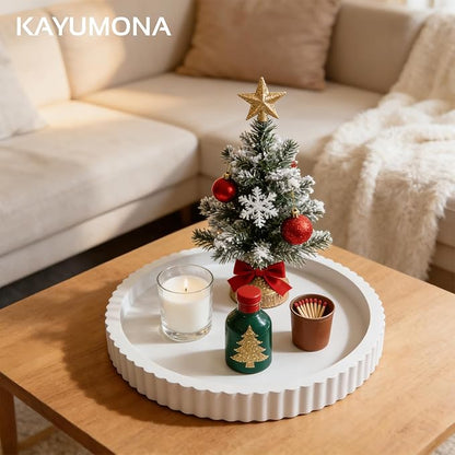 Modern Decorative Tray for Coffee Table, 11" Wooden White Round Small Decor Tray for Candle, Perfume, Vanity, Kitchen Island Counter & Table Centerpiece