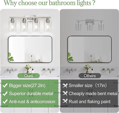 4-Light Bathroom Light Fixtures, Vanity Light with Clear Glass Shades, Brushed Nickel Bathroom Light Fixtures Over Mirror, Modern Bathroom Wall Lamp for Mirror Living Room Cabinet Bedroom