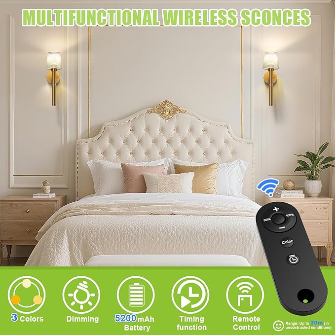 Magnetic & Detachable Wireless Wall Sconces (Gold) - 5200mAh Rechargeable Battery Bar for Staircase, Bedroom, Lounge