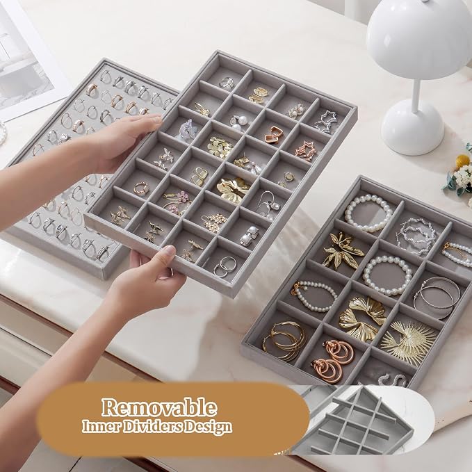 Large Velvet Jewelry Tray 2 Pack Stackable Jewelry Display Drawer Inserts Trays Organizer for Earring Bracelet Necklace Ring (Gray, 12 Grids+24 Grids)