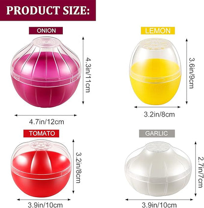 Vegetable and Fruit Storage Containers for Fridge, 4 Pcs BPA Free Reusable Food Saver - Tomato, Garlic, Onion, Lemon Keeper Holder - Refrigerator Vegetable Crisper Makes Food Stays Fresh Longer