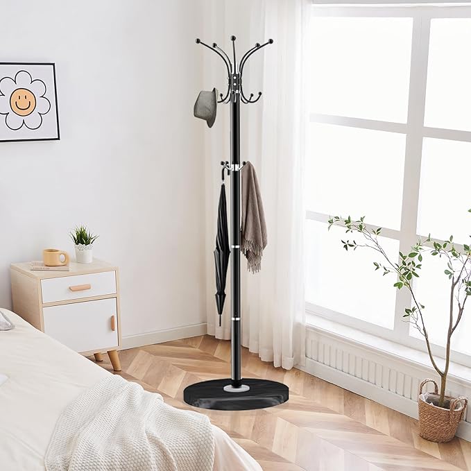 ZOZOE Metal Coat Rack Stand, Modern Coat Rack Freestanding with Natural Marble Base, 360° Rotary Design Coat Racks with 14 Hooks, Coat Tree Hanger Stand for Bags, Hats, Entryway, Office