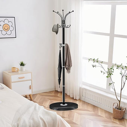ZOZOE Metal Coat Rack Stand, Modern Coat Rack Freestanding with Natural Marble Base, 360° Rotary Design Coat Racks with 14 Hooks, Coat Tree Hanger Stand for Bags, Hats, Entryway, Office