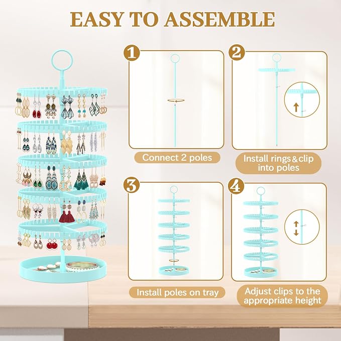 MODOWEY 5 Tier Rotating Earring Holder Organizer Display Tree with Metal Tray, Adjustable Plastic Stand with 285 Slots for Stud Hoop Hanger, Large Capacity Storage Rack for Women Space Saving, Blue