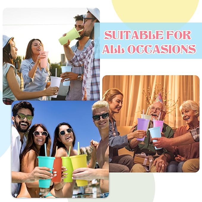 Dandat 24 Pcs Pastel Tumblers Bulk 24 oz Plastic Tumblers with Lids and Straws Reusable Skinny Cups Plastic Tumbler Bulk Colored Cups with Lids and Straws for Parties Christmas Gifts
