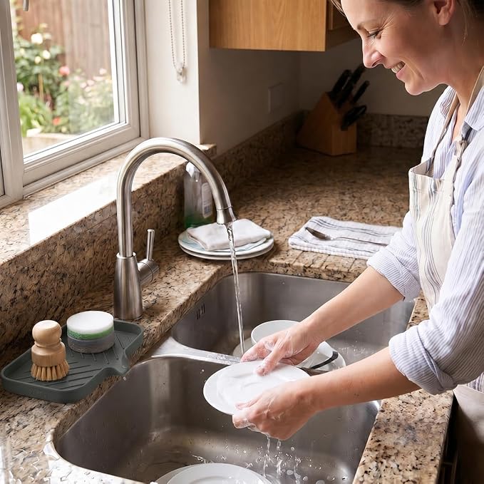 MicoYang Silicone Soap Dish with Drain Spout — Self-Draining Sink Organizer Tray for Bathroom & Kitchen, Sponges, Dispensers & Soap Holder, Non-Slip & Dishwasher Safe, Grey (Medium, 9.6"×5.3")