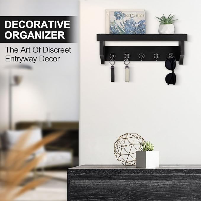 Key and Mail Holder Wall Mount, Key Holder with Shelf and Mail Organizer Wall Mount. Mail Holder with 5 Hooks for Coat, Dog Leash, Home Decor Rack, Entry Way Organizer (Black)