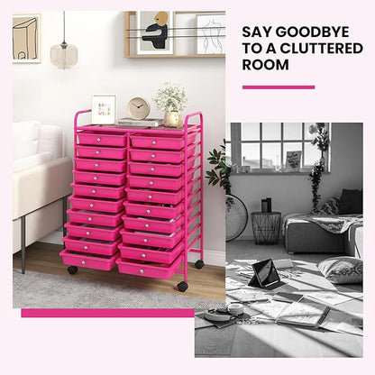 Giantex 20 Drawers Rolling Cart, Mobile Storage Drawer Cart, Classroom Organizer for Office School Supplies Teacher Tools Scrapbook Paper Craft Small Printer, Utility Stand on Wheels, Hot Pink