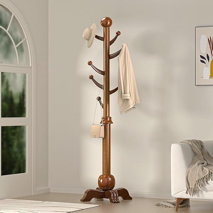 Hall Tree, Freestanding Wood Tree Rack with 7 Hooks, Coat Rack with Stable Sphere Base, Wooden Coat Rack Stand, Load 210 lb, Coat Hanger Stand for Entryway, Hallway, Bedroom, H:72 in, Walnut