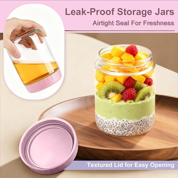 Overnight Oats Containers with Lids, 16oz Wide Mouth Mason Jars with Lids, 3 Pack Glass Jars with Airtight lid for Chia Pudding Yogurt Salad, Meal Prer Oatmeal Jars, Pink