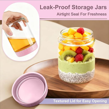 Overnight Oats Containers with Lids, 16oz Wide Mouth Mason Jars with Lids, 3 Pack Glass Jars with Airtight lid for Chia Pudding Yogurt Salad, Meal Prer Oatmeal Jars, Pink